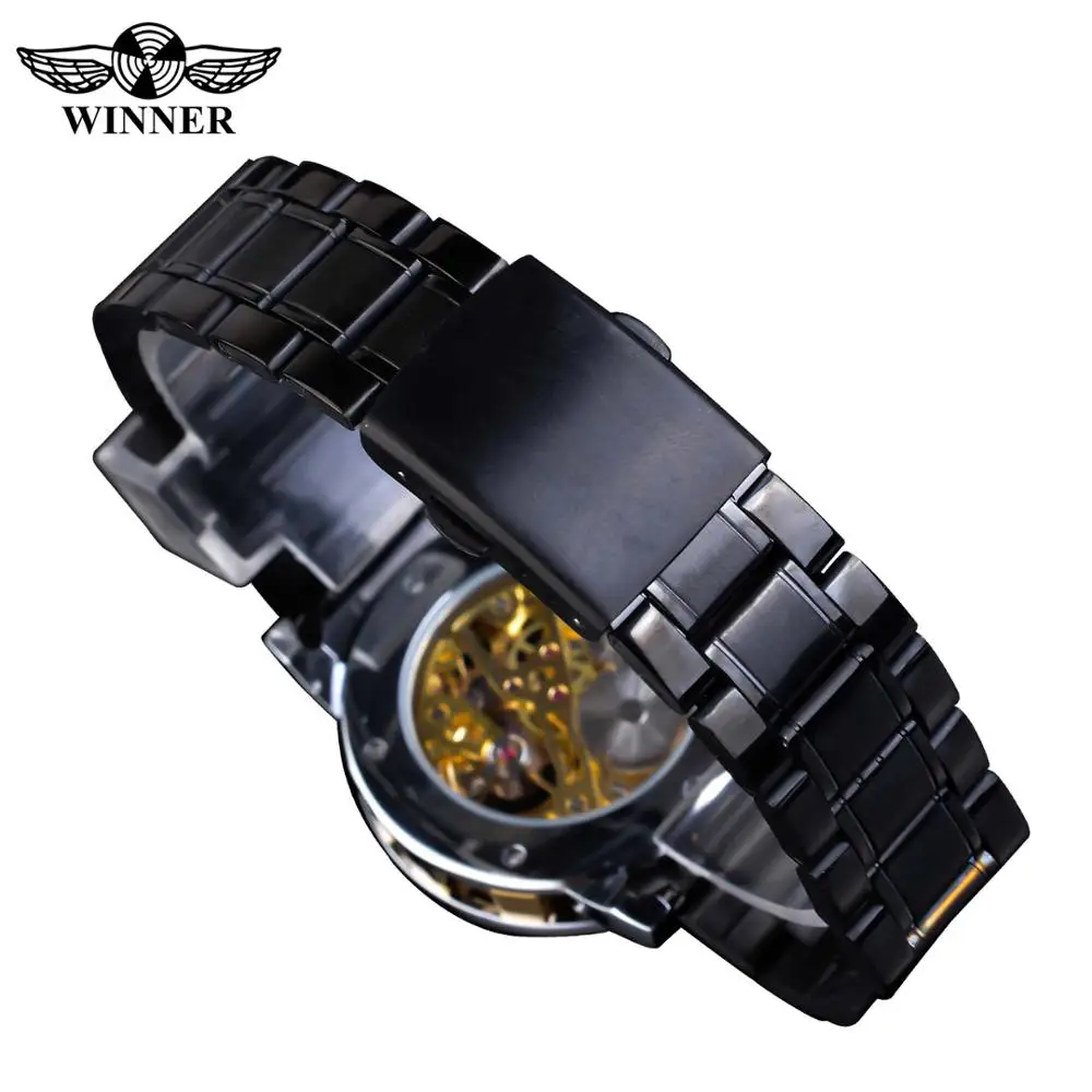 Vencedor-Homens Luxo Rhinestone Roman Black Stainless Steel Watch, Negócios Banda Mecânica, Relógio Esportes