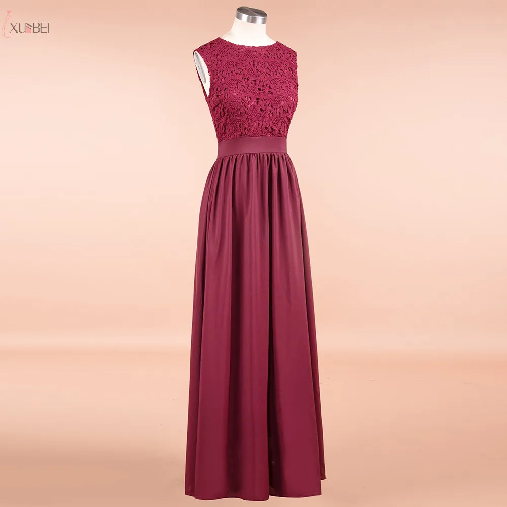 

Burgundy Chiffon Long Bridesmaid Dresses 2019 Applique Wedding Guest Party Gown Scoop Neck Sleeveless vestido madrinha