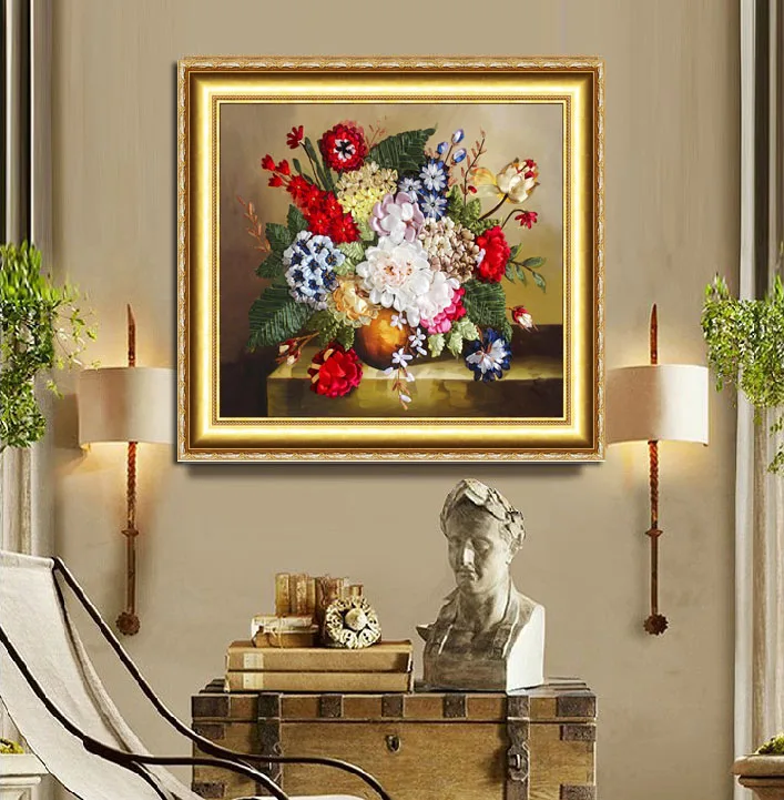 Needlework,DIY Ribbon Cross stitch Set for Embroidery kit,table vase flower floral ribbon Cross-Stitch handwork home wall decor