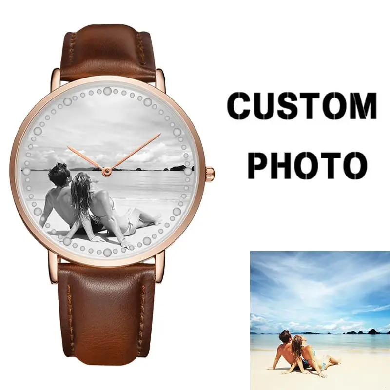 CL015 Genuine Leather OEM Custom Logo Watch Print Your Photo Couple Watches Private Label Clock Name Design Decorating Watch