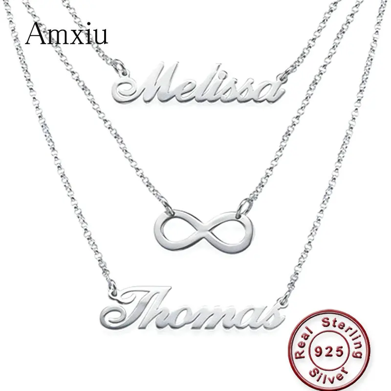 Amxiu Customized 925 Sterling Silver Necklace DIY Three Name Necklace Personalized Three Pieces Necklaces For Women Jewelry Gift