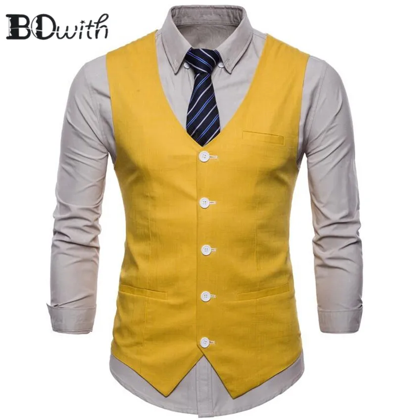 

New Arrival Yellow Men's Sleeveless Slim Fit Suit Vest Single Breasted Five Buttons Business Dating Wedding Dress Waistcoat