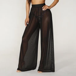 Kobiety przepuszczalne Boho szerokie nogawki spodnie z wysokim stanem plaża długa luźna siatka Sheer Pants Hot