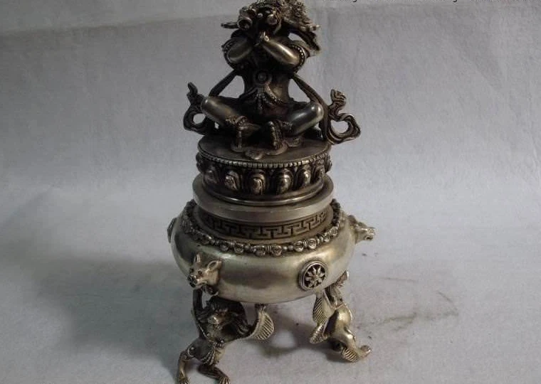 

8.5 Tibet Buddhism bronze silver Simhamukha foo dog 3 Leg censer incense burner