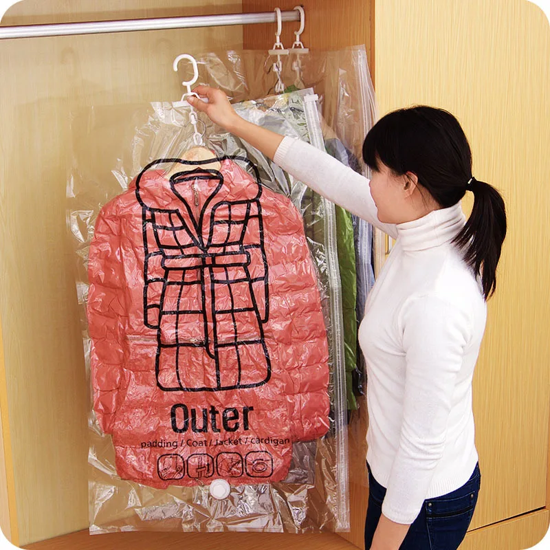 1pc Closet Hanging Organizer Vacuum Bag for Clothes Storage Bag with Hanger Space Saving Clear Seal Bags Wardrobe Compressed Bag