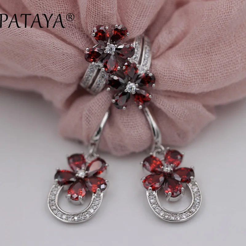 PATAYA RU Hot Sale Women Romantic Jewelry Sets Flower Natural Zirconia Earrings Ring Set True White Gold Color Wedding Jewelry