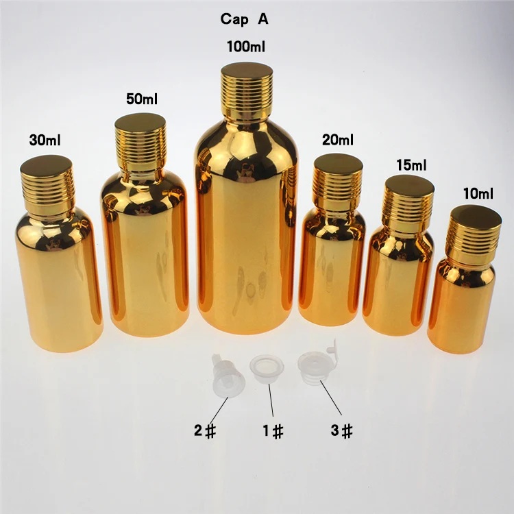 hot sale 100pcs golden unique 15ml glass essential oil sample bottle , wholesale 0.5 oz glass  essential oils gold bottle