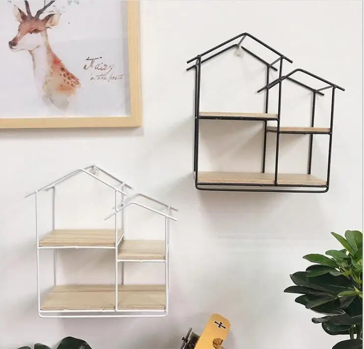 House Shape Metal Wall Rack Two layer Flower Vase Holder Coffee Shop Wooden Metal Wall Sundries Holder Wall Shelf Storage Holder