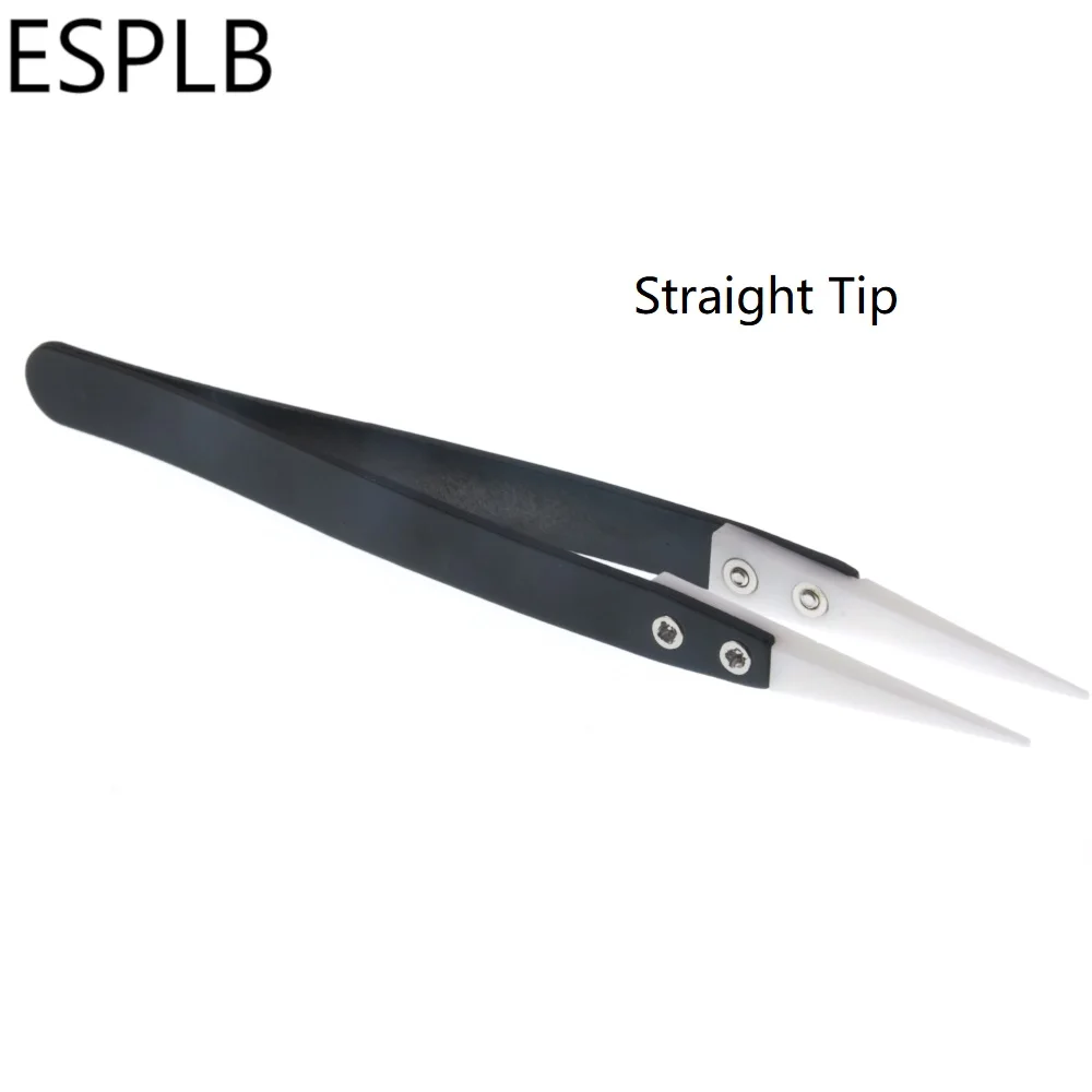 ESPLB Anti-Static Ceramic Tweezers Stainless Steel Industrial Ceramic Tweezers Insulated Straight/Curved Tip Black-Whit Tweezers