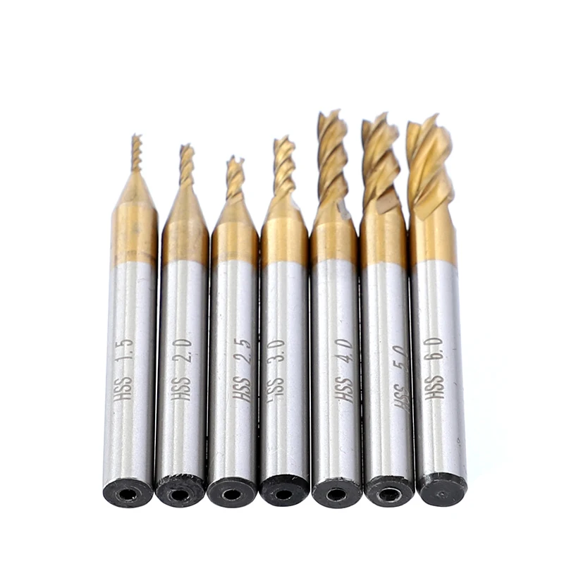 Juego de fresas de titanio HSS, 4 flautas, enrutador CNC, broca recta, molino de extremo Métrico para madera y acero, 1,5-6mm, 7 Uds.