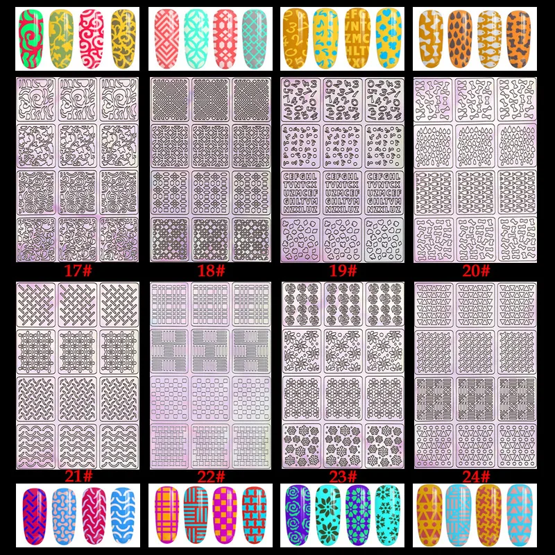 96 Designs 24 Sheets/set Nail Art Hollow Laser Sticker Stencil Gel Polish Tip Transfer Guide Painting Template Nail Decals Kit