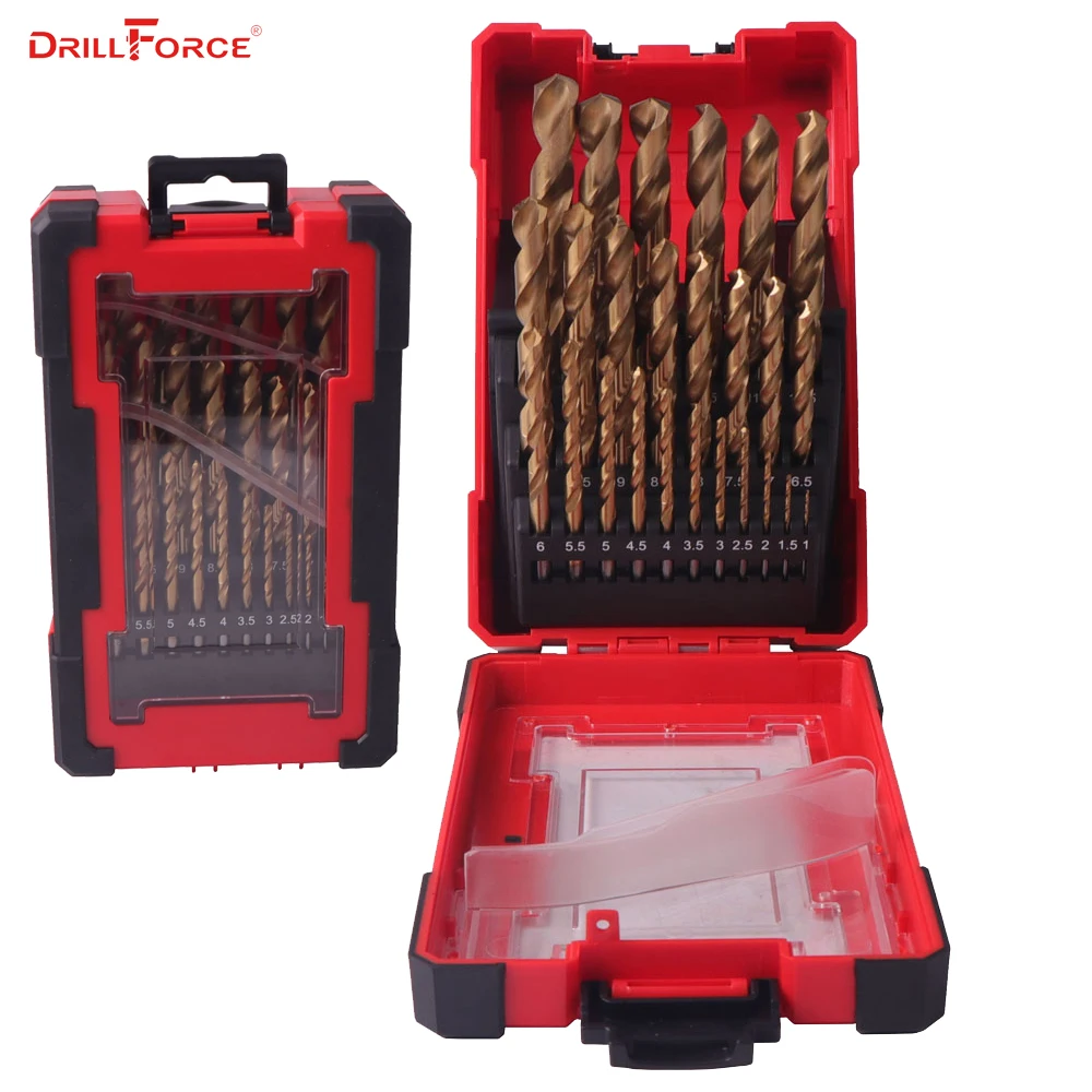 DRILLFORCE 25PCS HSS M2 punta da trapano rivestita in titanio per punte da trapano per legno in metallo Set 1.0 ~ 13mm accessori per elettroutensili