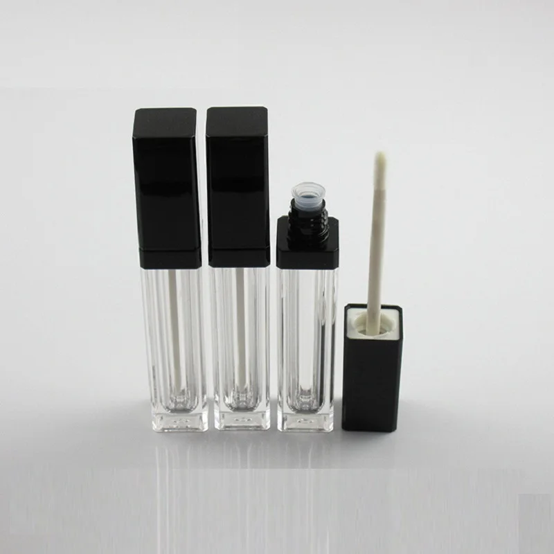 Empty 7 ML Lip Gloss Tube Square Clear Cosmetic Container Black Cap Makeup Lipgloss Packaging with Brush Applicator