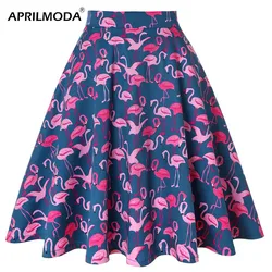 Cotton Women Retro Pleated Skirts 50s Kawai Vintage Rockabilly Swing Flamingo Printed High Waist Casual Tutu Summer Skater Blue