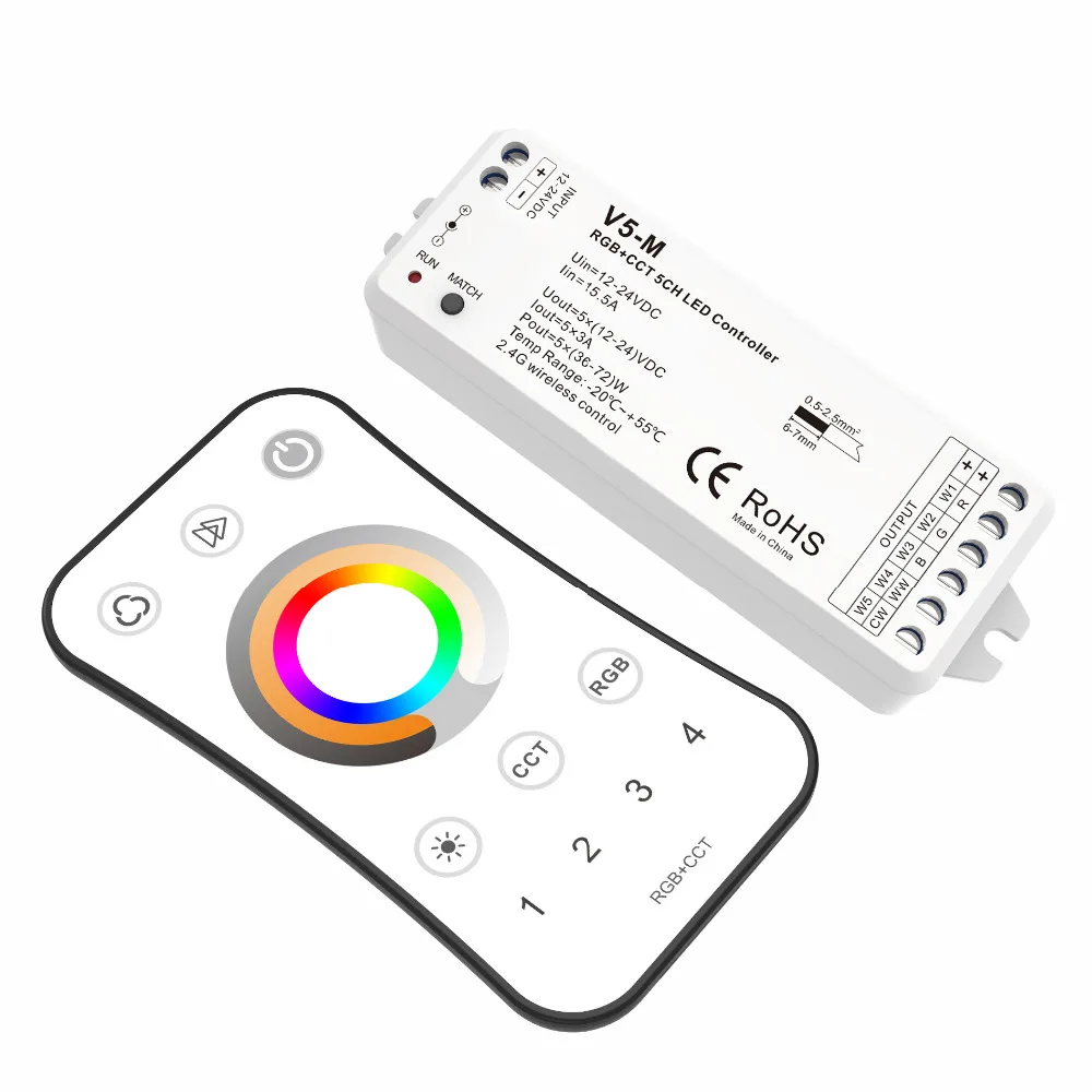 5 Channel RGB+CCT LED RF Controller 5CH 3A PWM Constant Voltage 12-24VDC