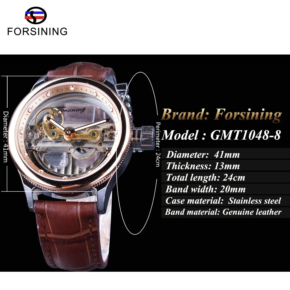 Forsining Rose Golden Bezel Bruin Lederen Riem Volledige Transparante Case Mannen Automatic Skeleton Horloge Topmerk Luxe Klok