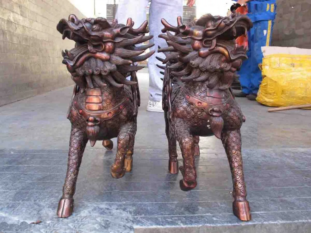 16 Chinese Red Bronze Copper Feng Shui Evil Foo Dog Lion kylin Kirin Statue Pair