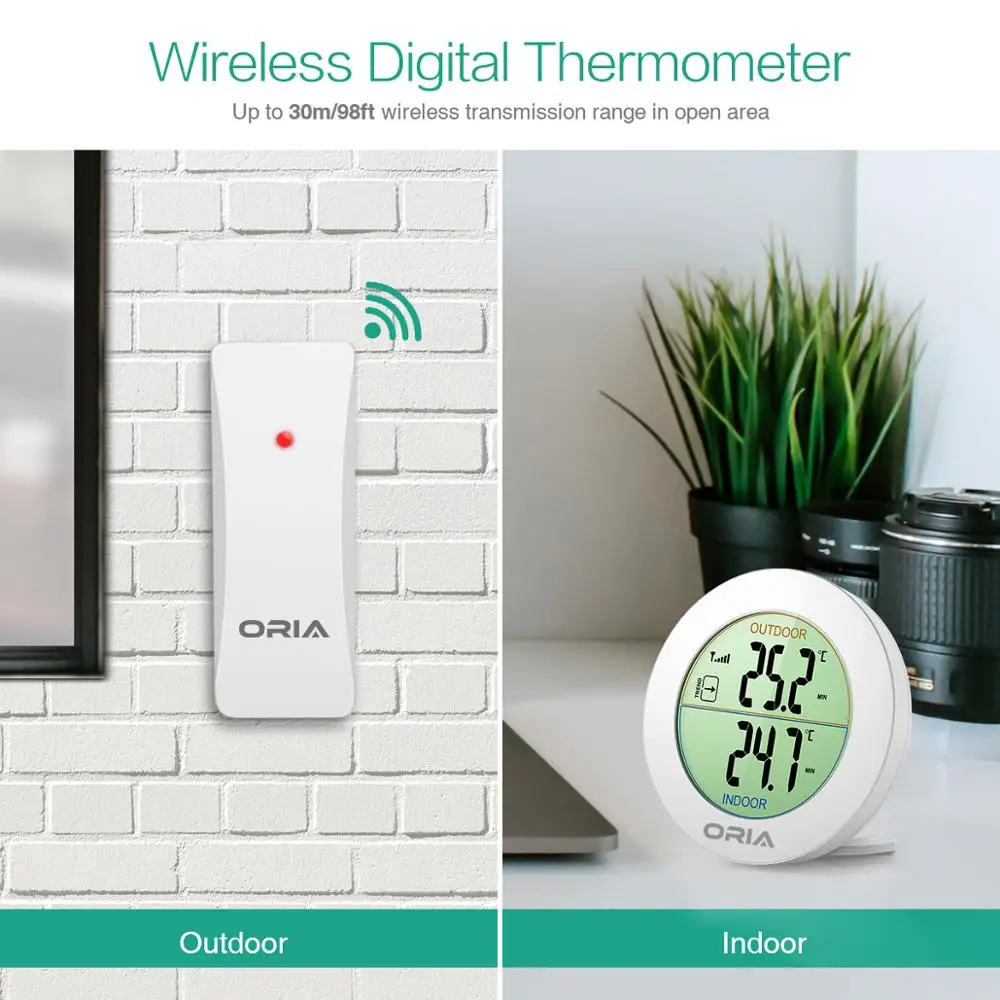 ORIA Termometro per interni ed esterni Termometro wireless digitale Sensore remoto di temperatura LCD Temperatura esterna per ufficio domestico