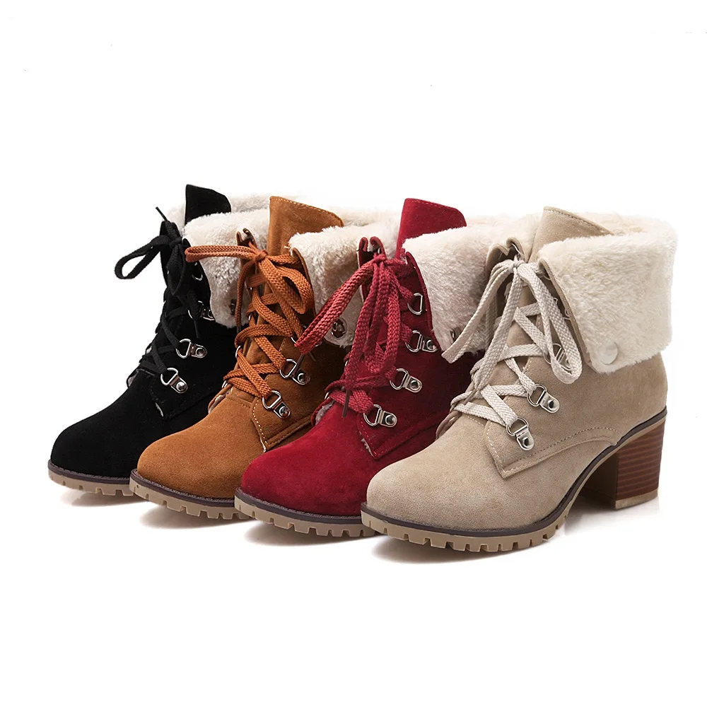 ASUMER Drop shipping 2021 New women boots square heel winter plush warm winter snow boots lace up pu leather ankle boots shoes