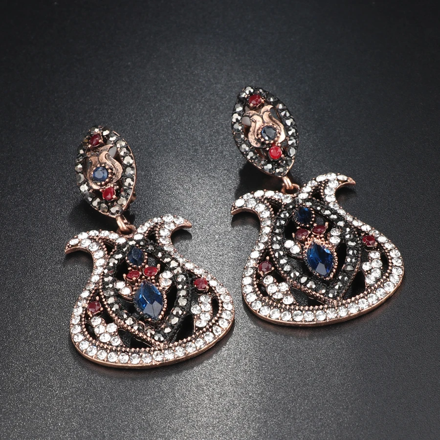 Kinel Fashion Bohemia Jewelry Blue Big Drop Earrings Inlaid Crystal Vintage Earrings For Women Antique Gold Color Christmas Gift