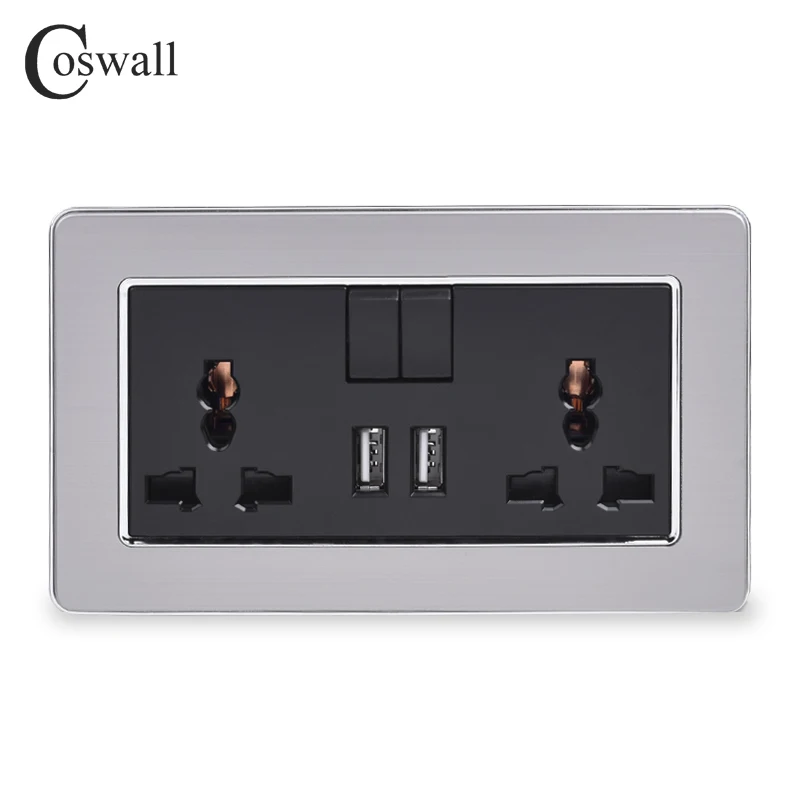 COSWALL 2 Gang 13A Universal Switched Socket dual USB Charge Port Output 2.1A Wall Outlet Stainless Steel Brushed Panel