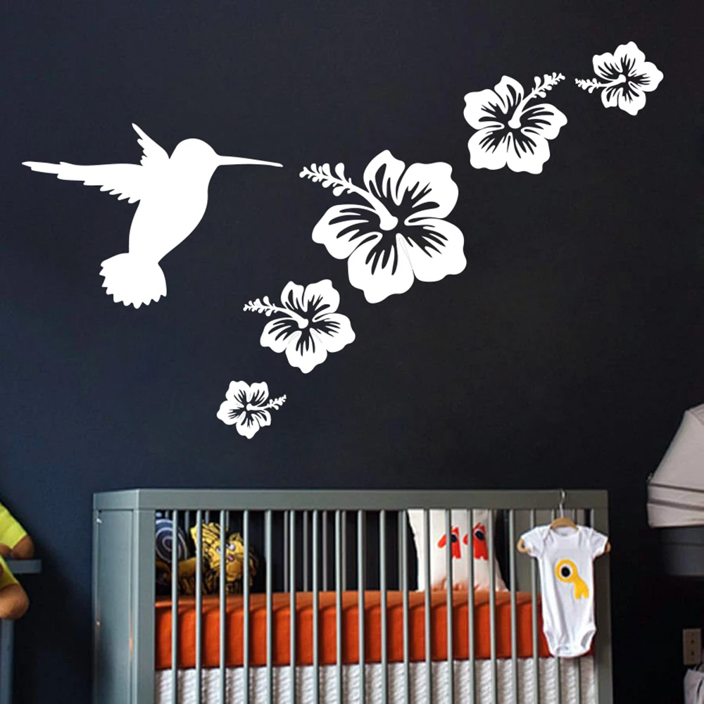 Humming Bird Flowers Wall Sticker Nursery Kids Room Flying Bird Animal Flowers Nature Wall Decal Bedroom Living Room Vinyl Decor