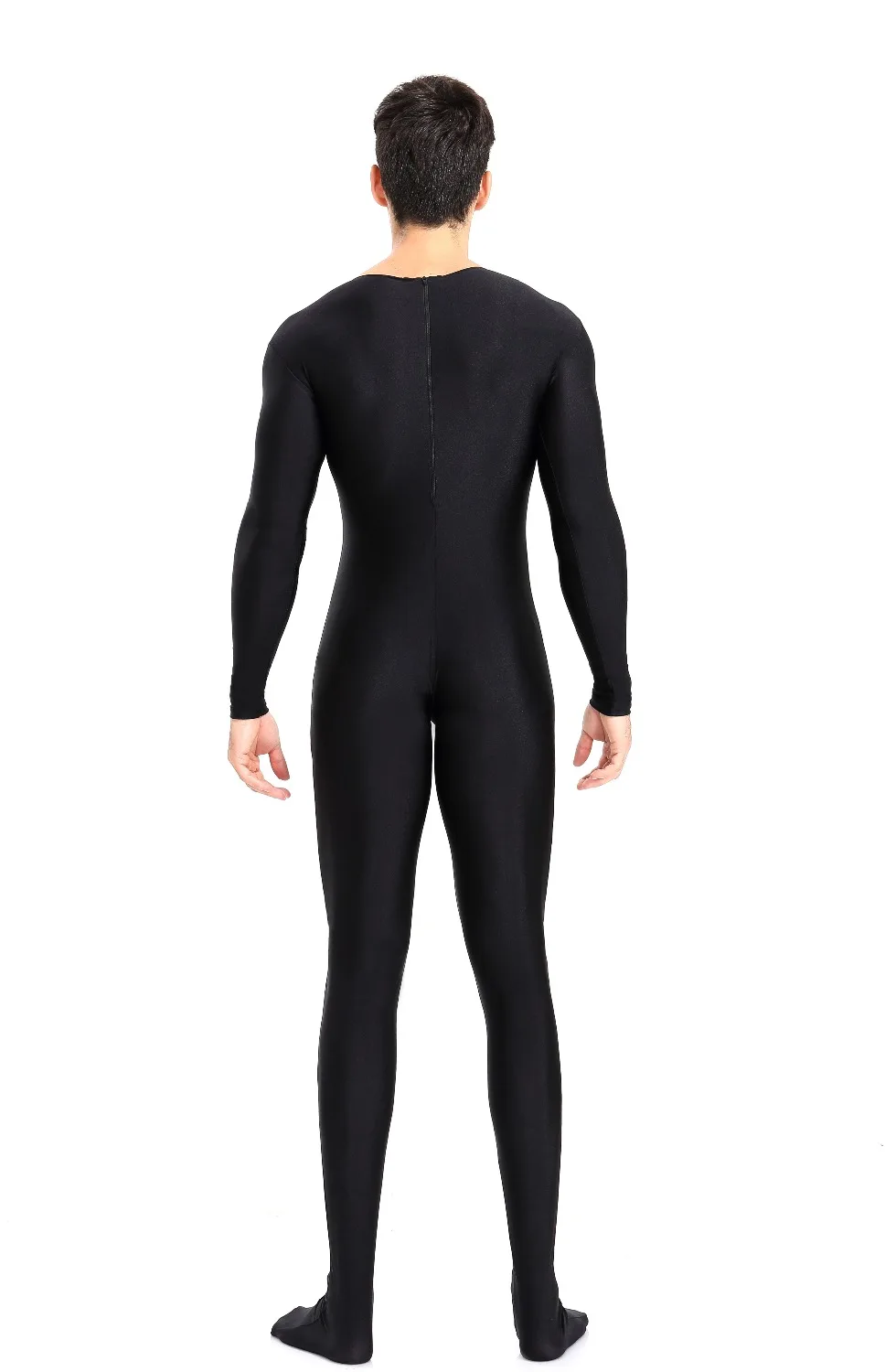 Mens Body Spandex Zentai สูทสีดำแขนยาว Unitard สำหรับผู้ใหญ่ซิปด้านหลังสีดำเท้า Cosplay Bodysuit เครื่องแต่งกาย