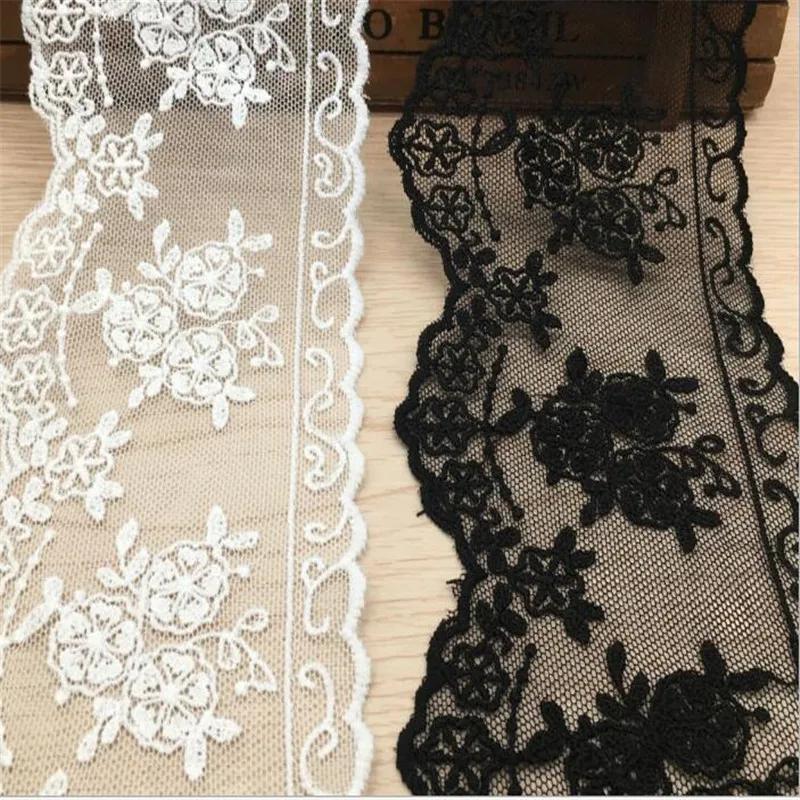 1yrd/lot Width:9.3cm Good quality mesh cotton embroidered lace garment laces for DIY, white and black lace for sewing