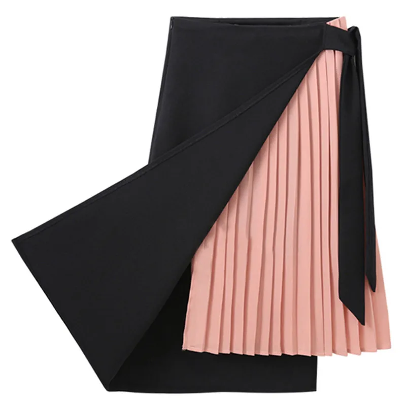 Euro Style Chiffon Patchwork One-Piece Skirt Women 2024 Summer Lace Up Asymmetry Pink Skirt Fashion High Waist Pleated Skirt