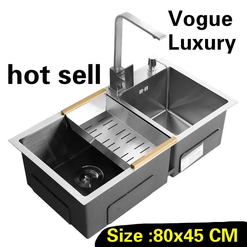 

Free shipping Apartment luxury wash vegetables 304 stainless steel big kitchen manual sink double groove hot sell 800x450 MM