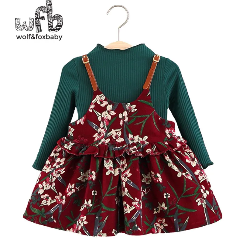 Retail 0-3 years children's girl long-sleeved knit dress floral harness two sets dress spring fall autumn