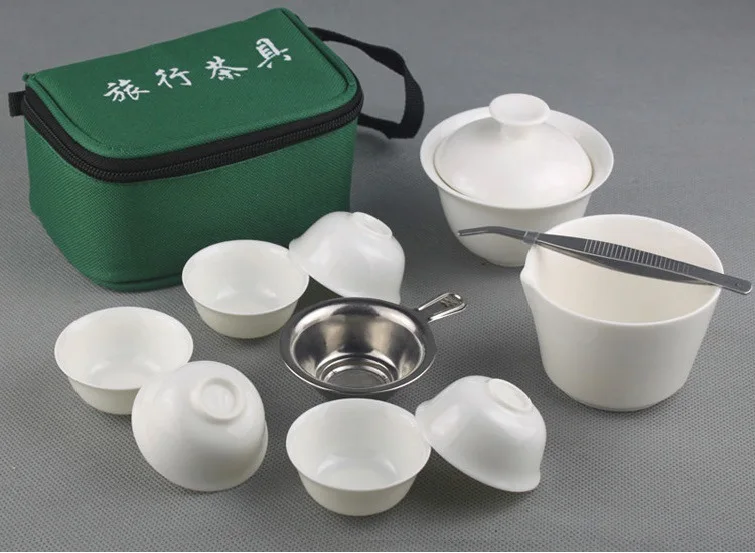 11pcs Set Chinese Portable Kung Fu Tea Set,Porcelain Service Gaiwan Tea Cups Mug of Tea Ceremony Teapot,Ceramic Travel Teacup