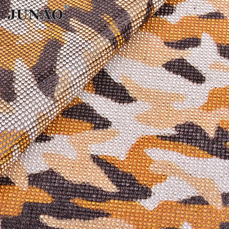 JUNAO 24*40cm Pink Camouflage Self Adhesive Glass Rhinestone Fabric Trim Crystal Sheet Diamond Mesh Beads Appliques Banding