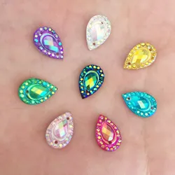 80PCS  bling AB Resin 8*12mm Teardrop Peacock eye Flat back rhinestone scrapbook Wedding Embellishment diy 2 hole applique