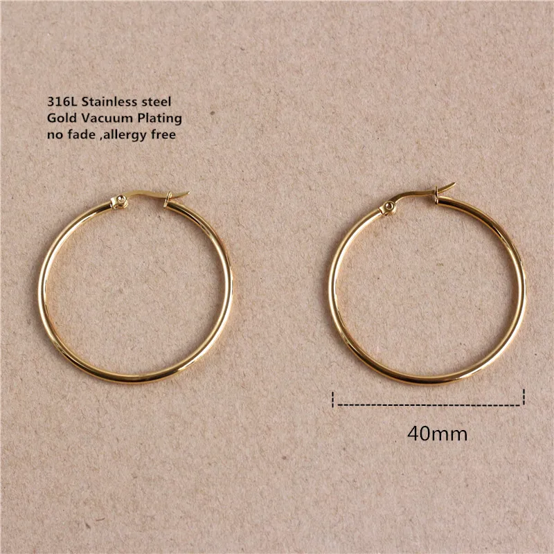 40mm Titanium 316L Stainless Steel Circle Hoop Earrings Gold-color Vacuum Plating No Fade Anti-allergy