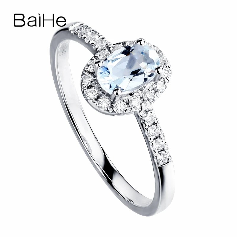 

BAIHE Solid 14K White Gold 4*6mm Natural Aquamarine Diamond Oval Ring Women Trendy Party Wedding Fine Jewelry Making Anel