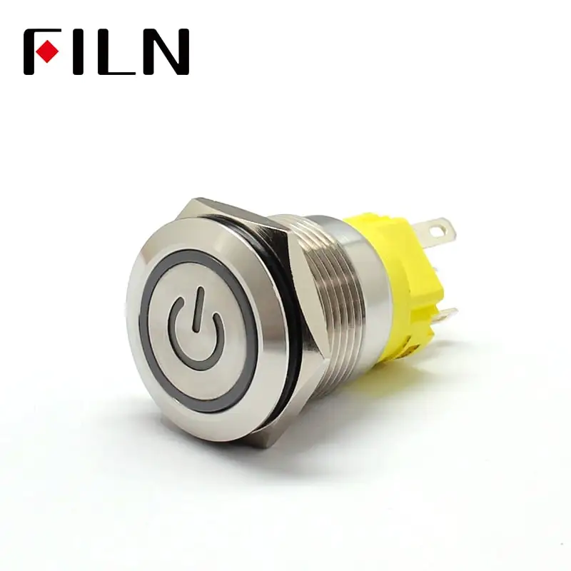 19mm 6V 12V 110V 220V LED Momentary Latch Stainless Steel anti vandal waterproof metal Push Button Switch with Power symbol UL