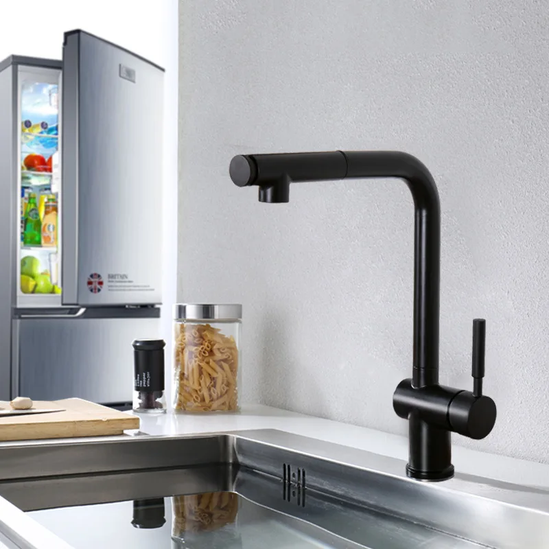 Two mode Brass kitchen faucet Rotatable pull out cold hot water kitchen faucet top quality black plated