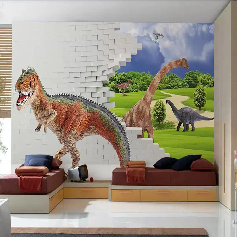 Decorative wallpaper series Park 3D three dimensional brick wall grassland dinosaur TV background wall