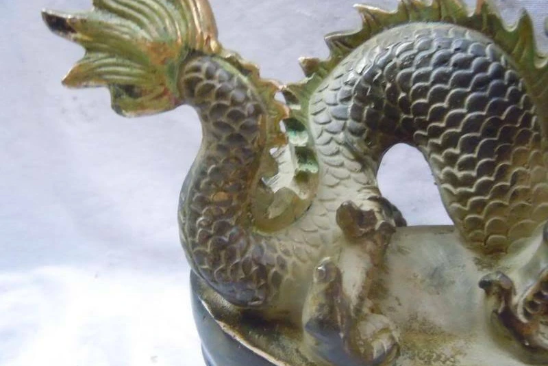 Chinese old bronze carved beautiful money luck Yuan bao dragon sculpture statue