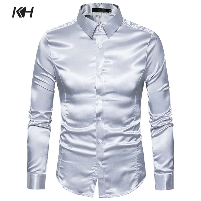 KH Mens Fashion Shiny Satin Long Sleeve Casual Shirts Men's Slim Fit Dress Shirt Performance clothing Banquet Shirt 10 Colors