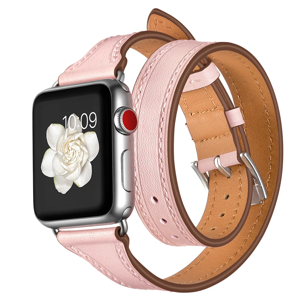 Double Tour For Apple watch band 40mm 44mm 45mm 41mm 42mm 38mm Genuine Leather watchband Bracelet iWatch serie 3 5 se 6 7 Strap image 4