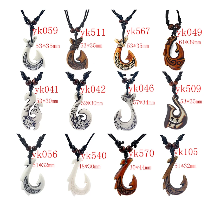 12pcs Ethnic Tribal Imitation Yak Bone NZ Maori Hook Amulet Pendant Necklace Black Wax Cord Wood Beads Surfer Necklace Jewelery