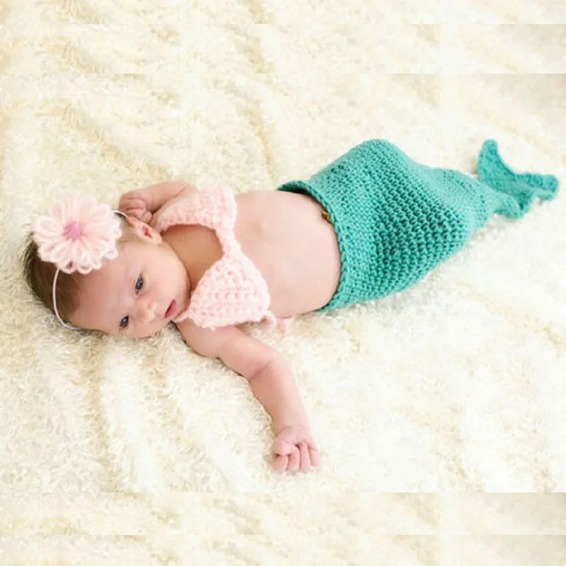 

Baby Newborn Knit Crochet Mermaid 3pcs Costume Set Cocoon with Bra Headband Toddler Photo Props 1set Photo Shoot Clothes H044