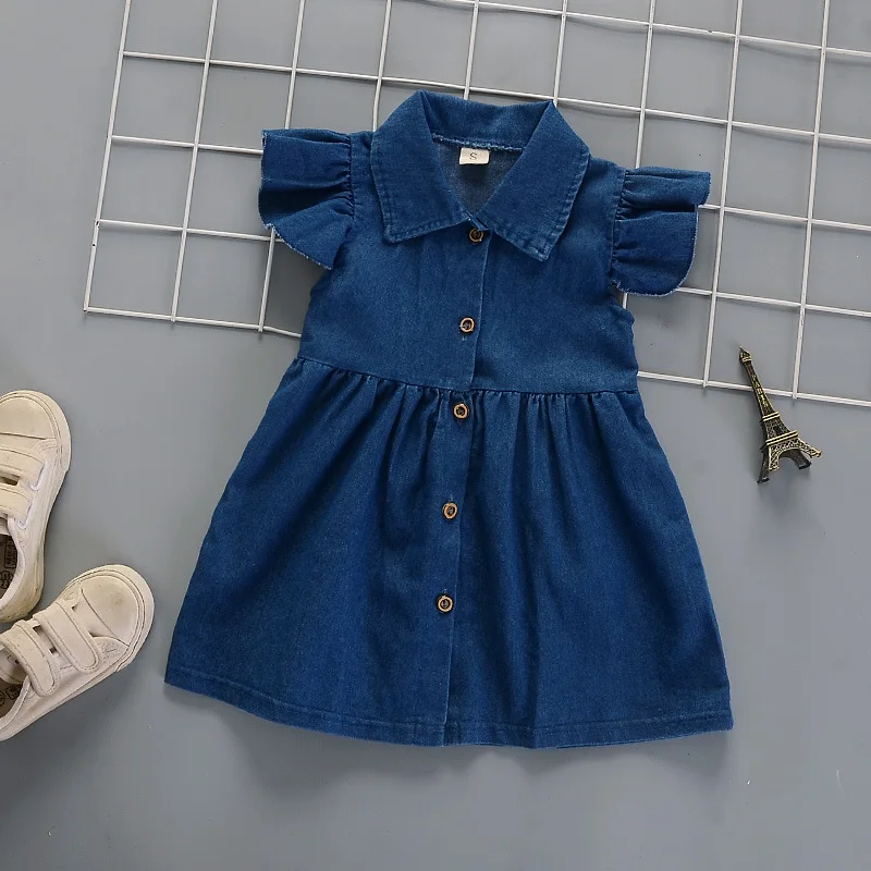 DIIMUU Fashion Baby Girls Dress Fit 1-4 Years Toddler Baby Dress Clothing Kids Summer Casual Denim Solid Princess Tops Dresses