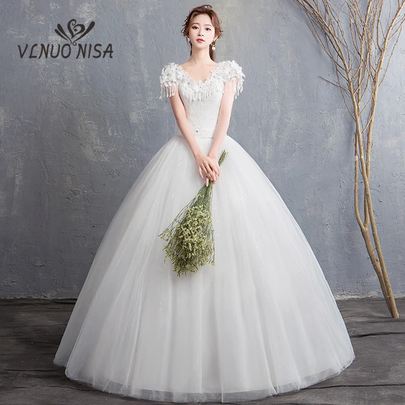 Vestidos De Noiva Simple Elegant Lace Wedding Dress 3D Flowers V-Neck Cap Sleeves Tulle Puffy Ball Gowns Plus Size Bridal Dress