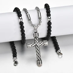 Stainless Steel Cross Pendant Necklace Silver Color Stainless Steel Chain Black Stone Strand Beads Necklaces Ethnic Jewelry Men