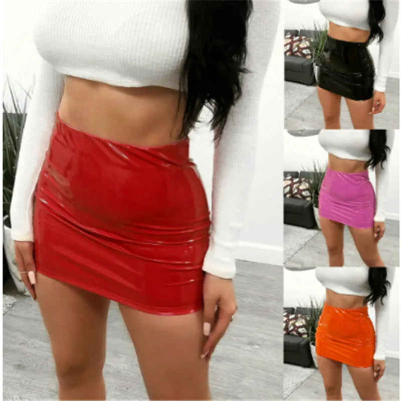 High Waist Sheath Skirts Women Solid Pu Leather Package Hip Skirt Female Bodycon Solid Black Short Sexy Pencil Mini Skirt Ladies