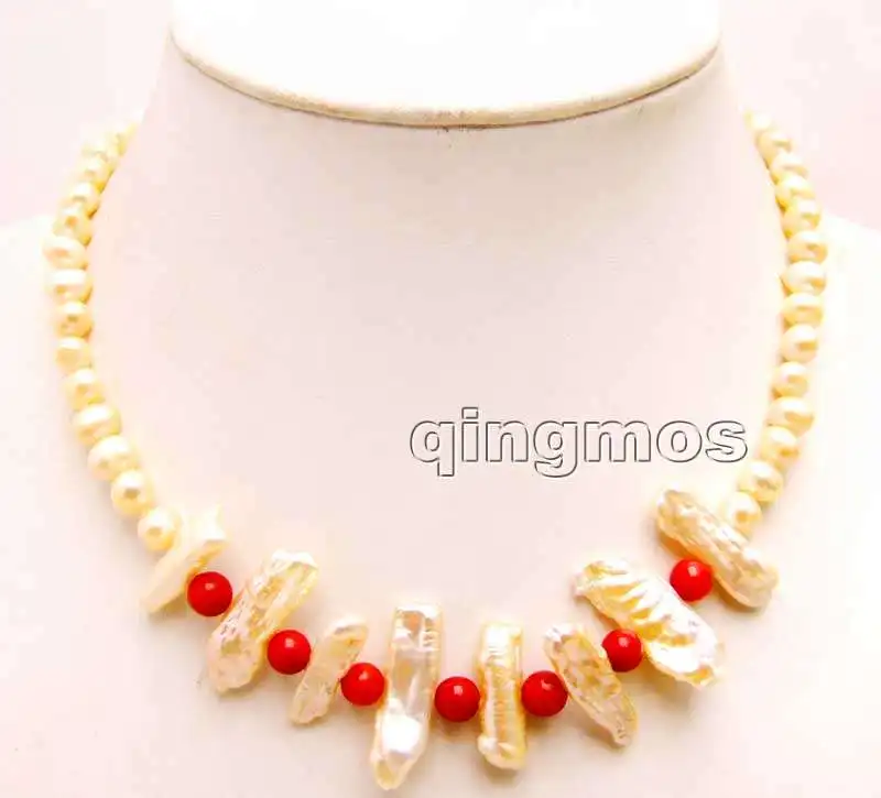 Qingmos 6-7mm Pink round Natural pearl and 15-25mm Biwa Pearl & 6-7mm Red Coral 17'' Necklace-nec6168 Wholesale/retail Free ship