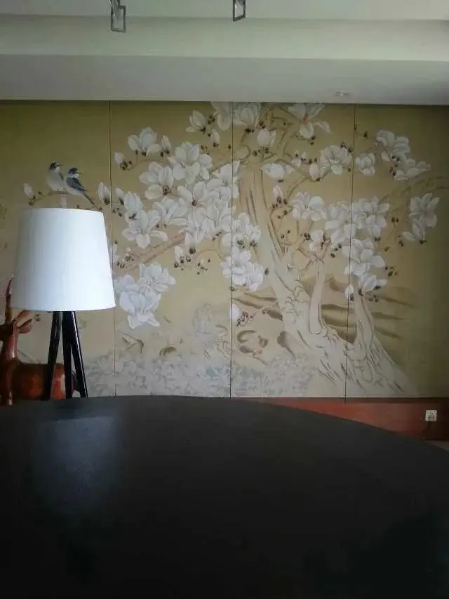 Hand-painted silk wallpaper painting Magnolia with Flower/bird hand painted wall paper TV/sofa/bedroom/living room wall covering